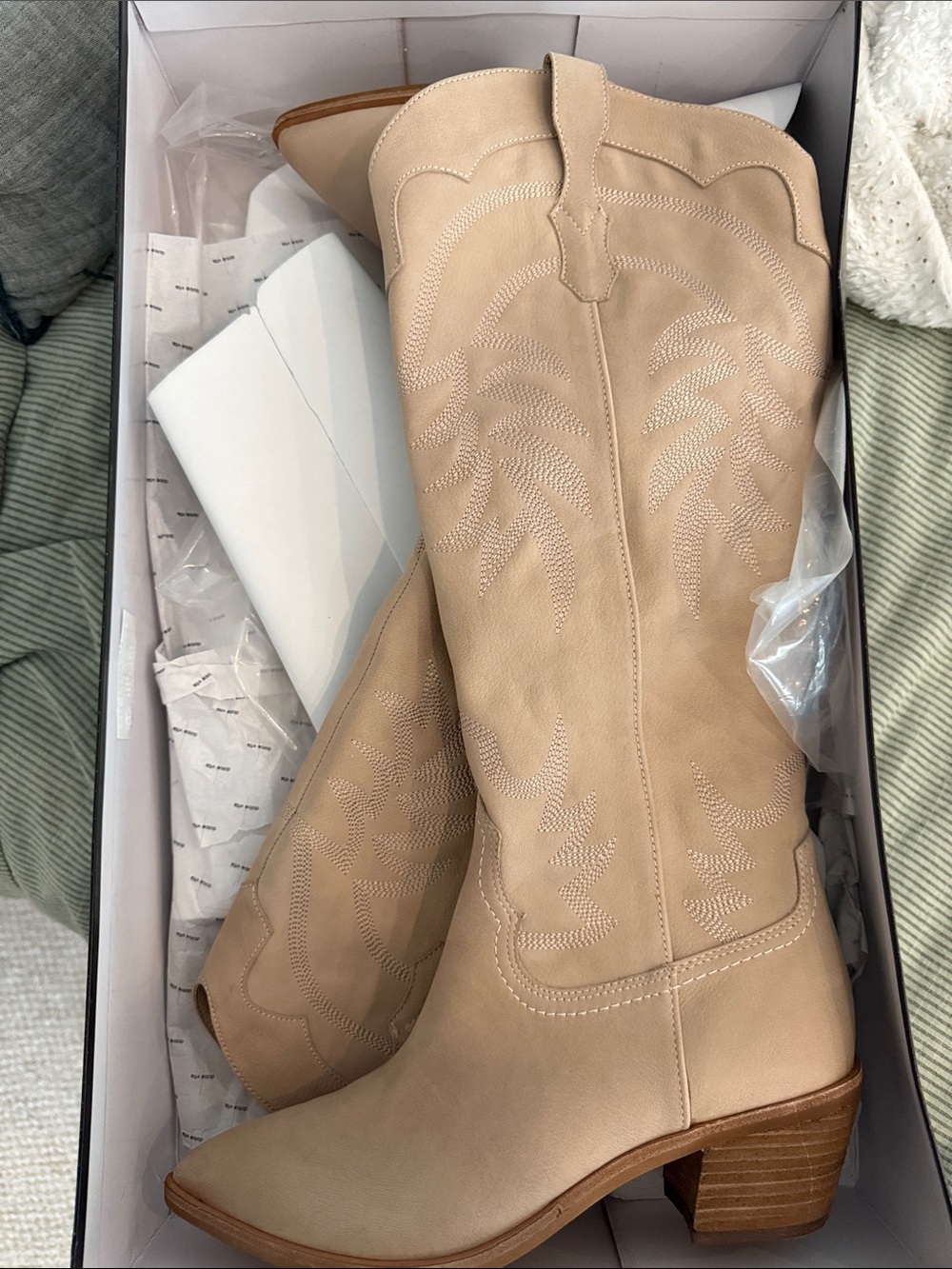 Beige Western Knee-High Boots